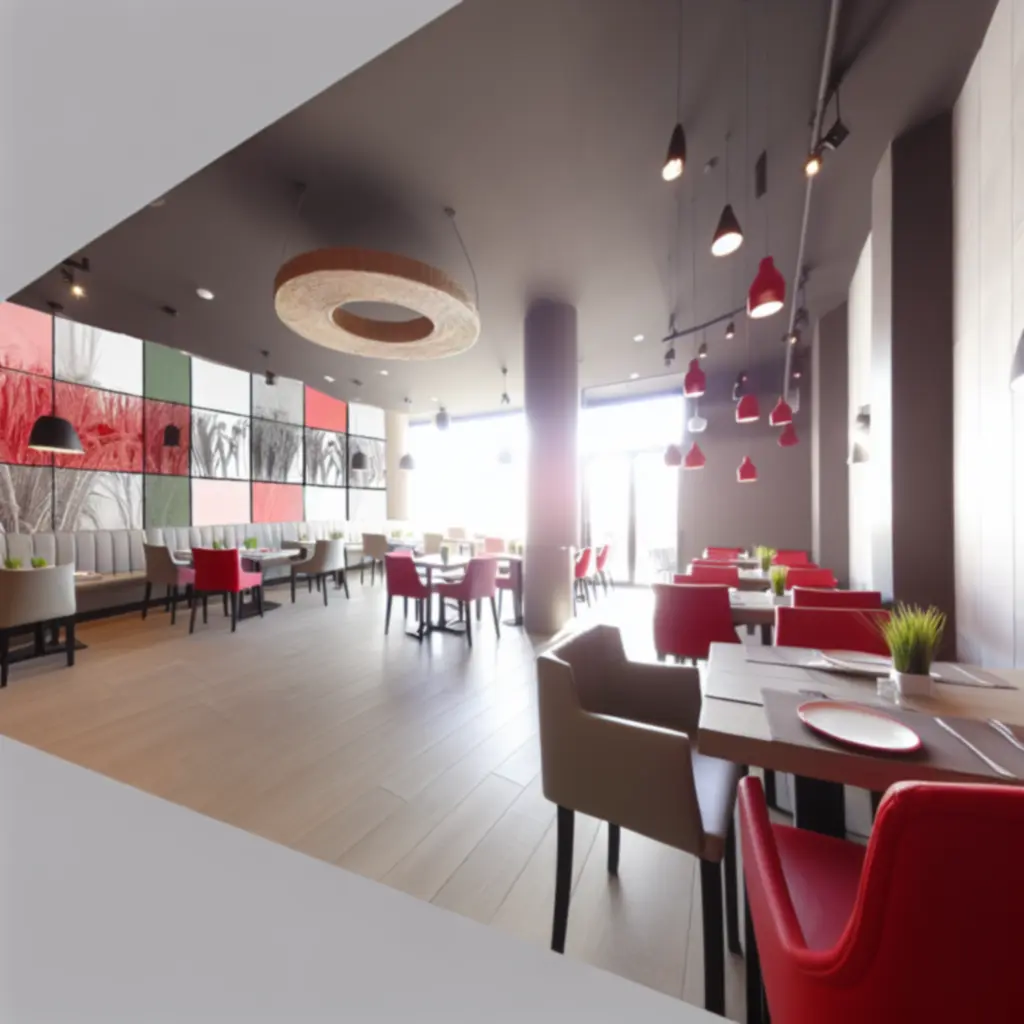 Világos, tágas pizzéria zöld, fehér és piros színekkel és kényelmes asztalokkal.