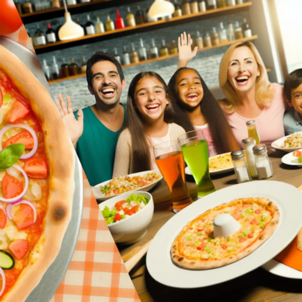 Család közösen osztozik több pizzán és italon egy asztalnál