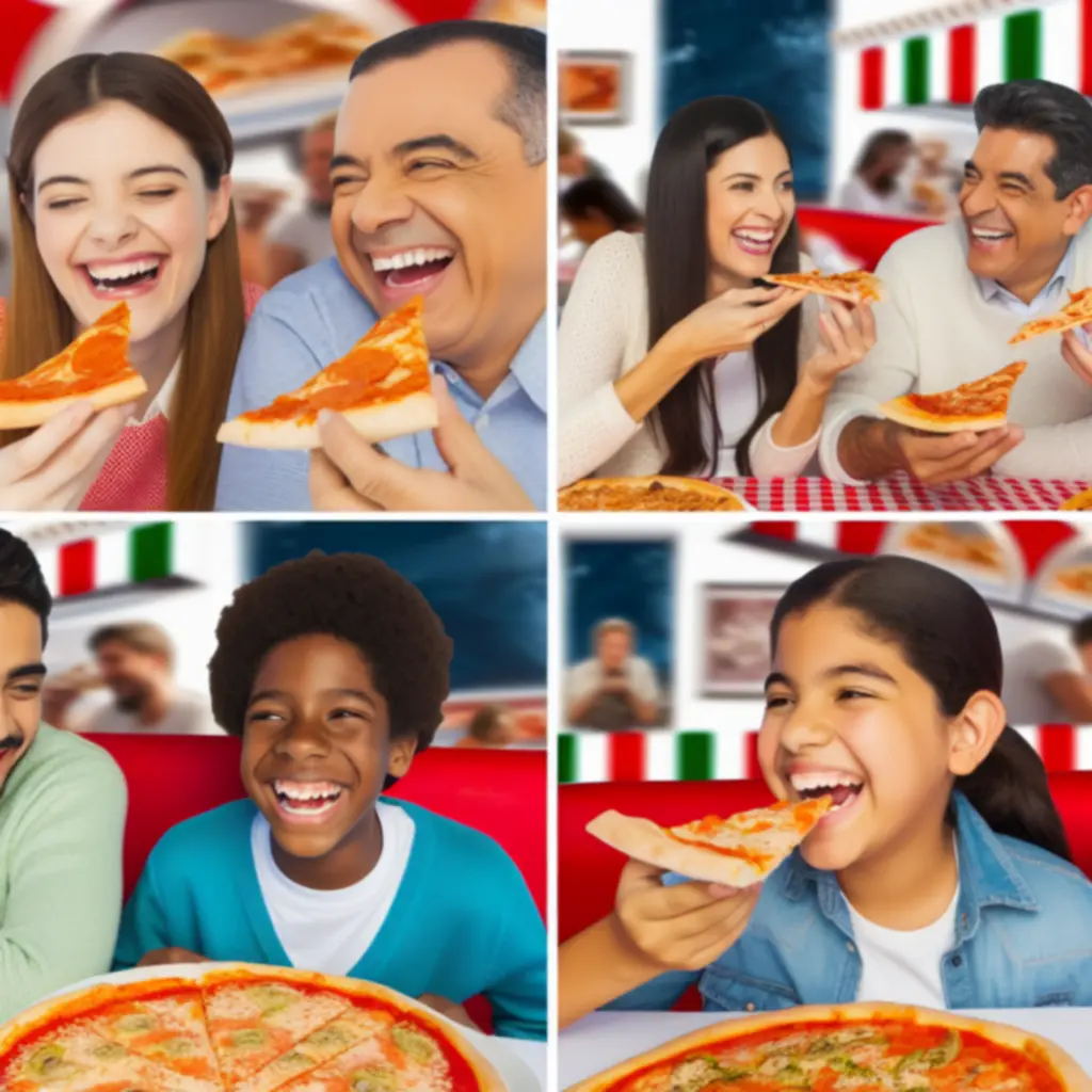 Család és barátok közösen pizzáznak egy barátságos, világos pizzeriában.