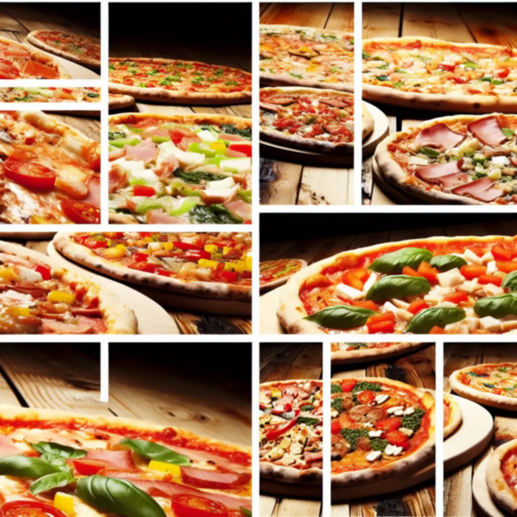 Válogatott, frissen sütött pizzák egy rusztikus fa tálalón