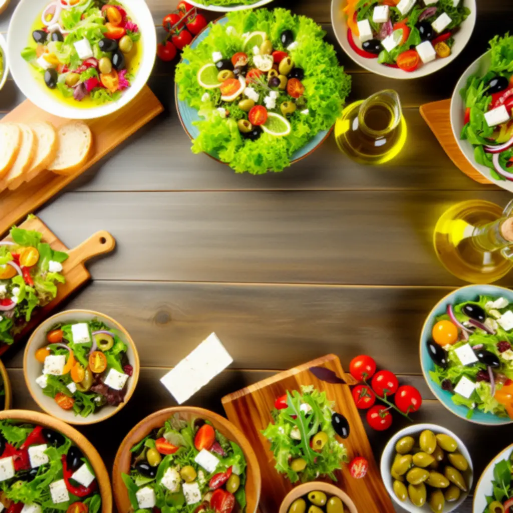 Friss saláták és bruschetta előételek tálalva.