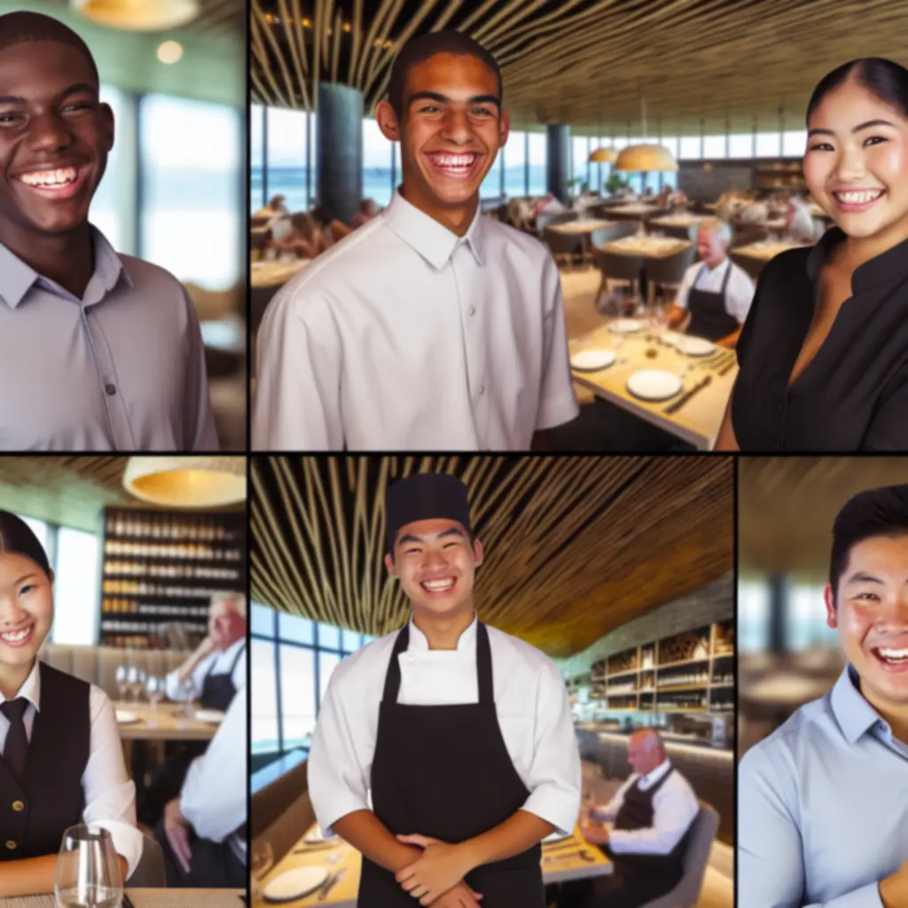 Mosolygó pizzéria személyzet vendéget fogad az asztalnál.