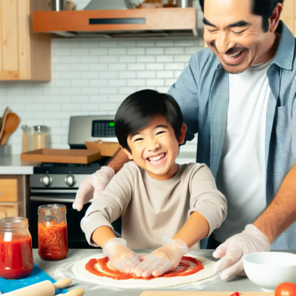 Gyermekek saját mini pizzákat díszítenek színes feltétekkel egy asztalnál.