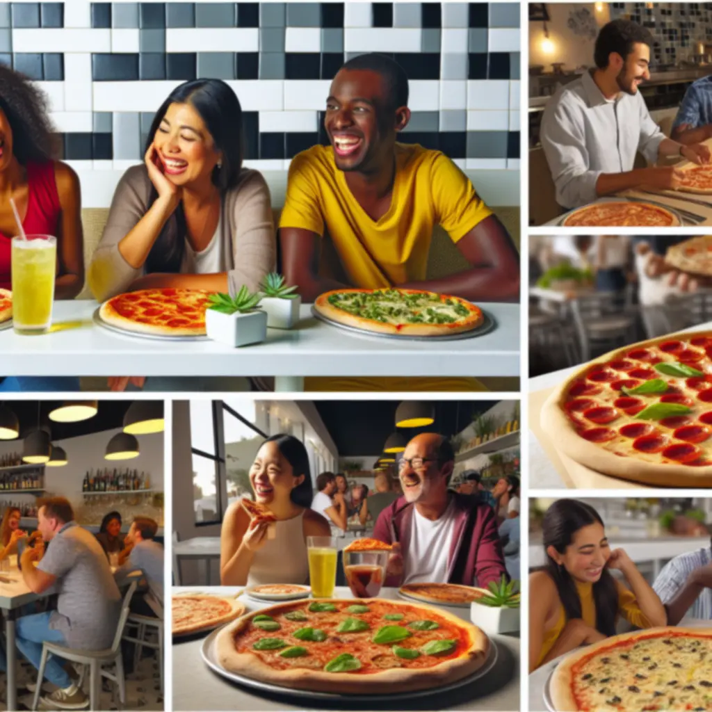Mosolygó vendégek pizzát fogyasztanak egy barátságos, családbarát pizzériában