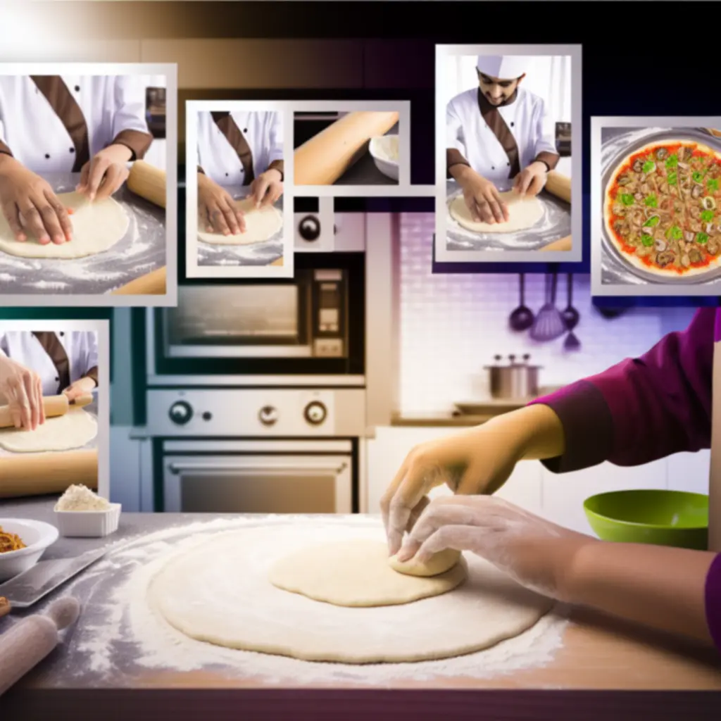 Lépésről lépésre folyamat: tésztanyújtás, feltételhelyezés és pizza sütése otthoni sütőben.