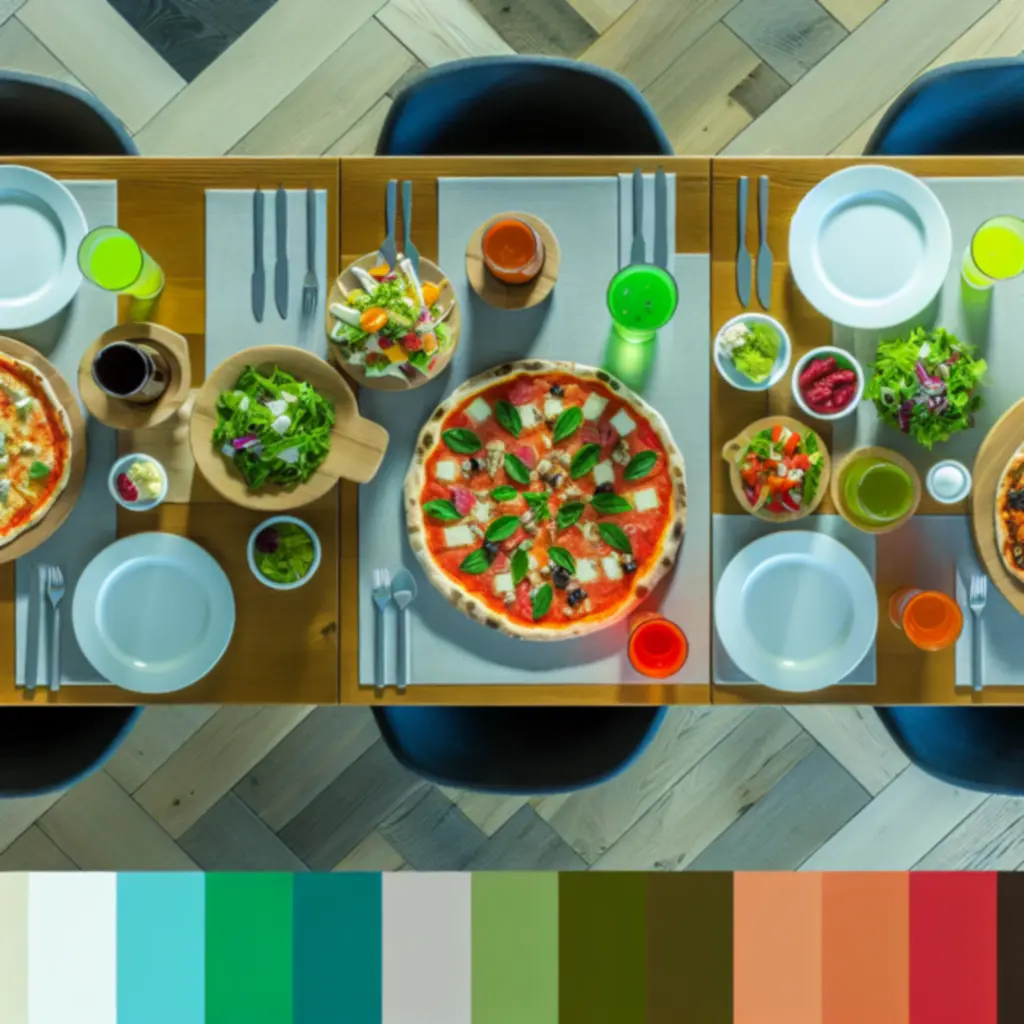 PizzaWorld étlapja: friss, színes pizzák és fogások tálalva.