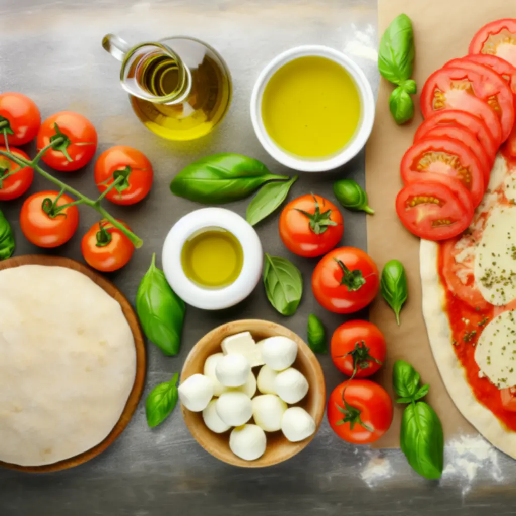 Olasz alapanyagok: liszt, paradicsom, olívaolaj, mozzarella és friss zöldfűszerek egy asztalon.
