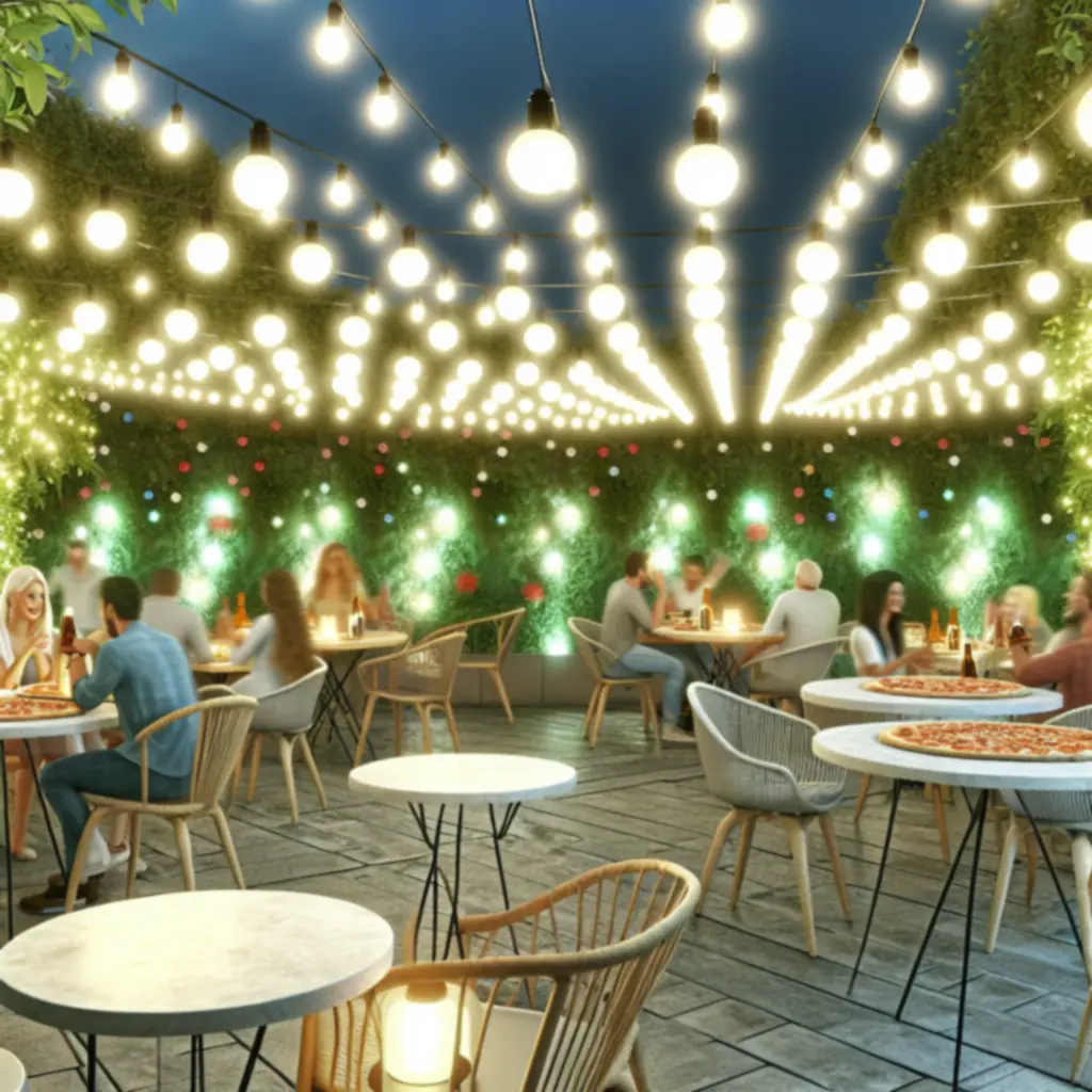 Hangulatos, virágokkal díszített nyári pizzéria terasz lámpafüzérekkel.