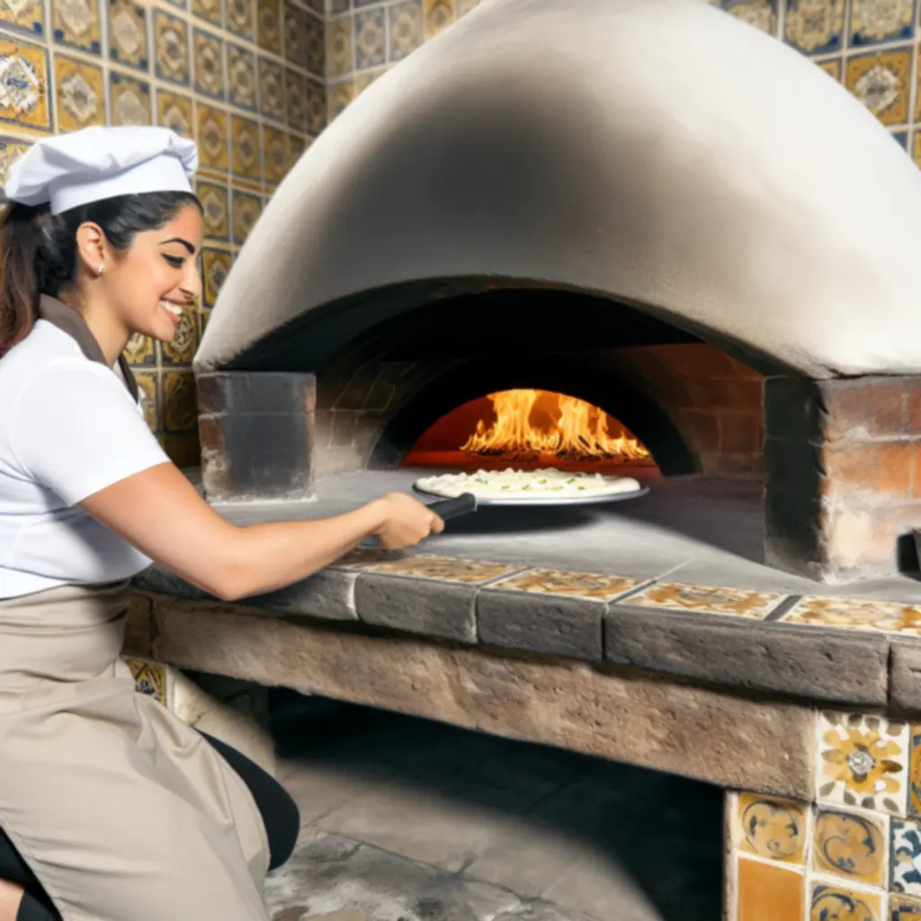 Pizzamester friss pizzát süt lángoló kemencében a nyitott konyhában.