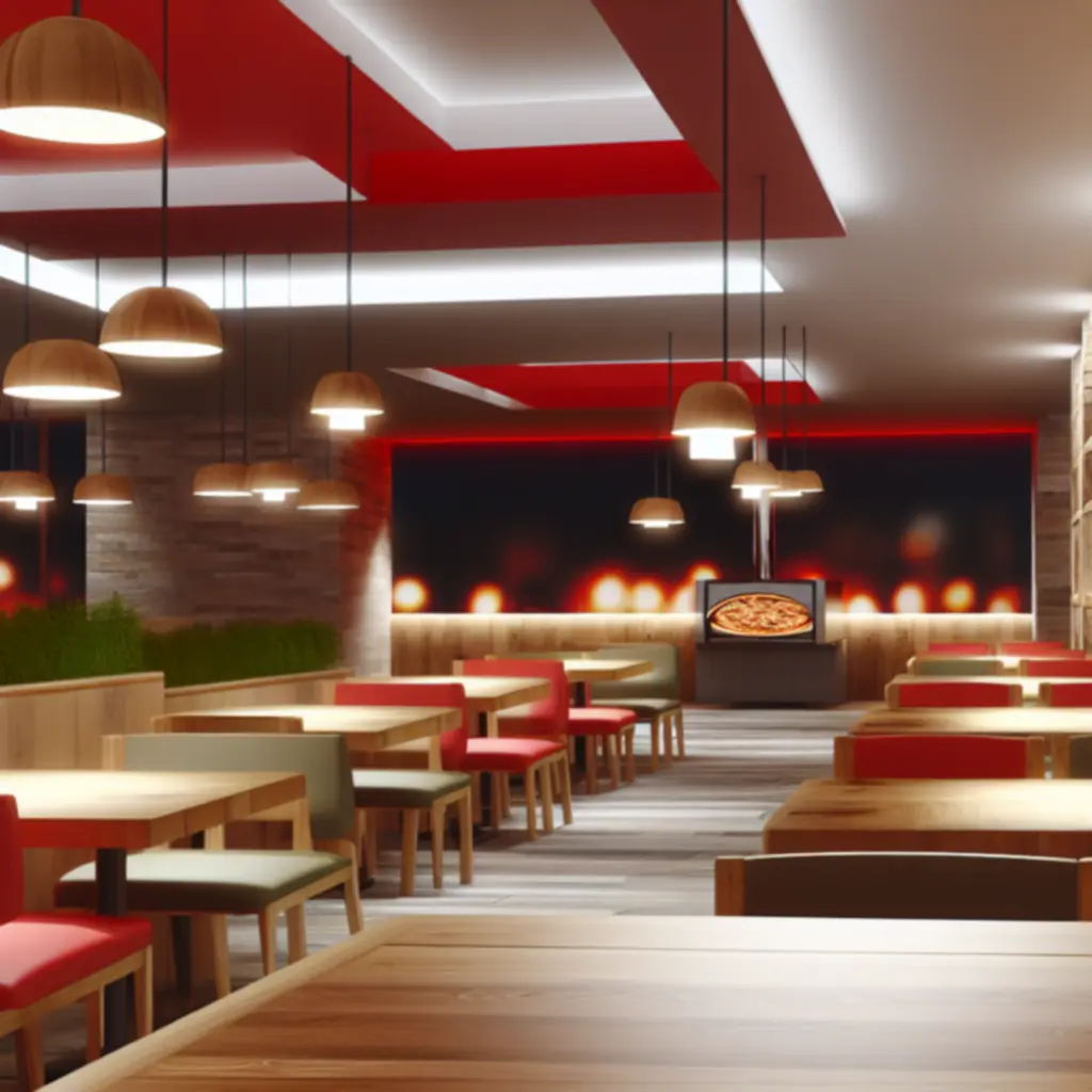 Modern, barátságos PizzaWorld belső tér családokkal és párokkal az asztaloknál.