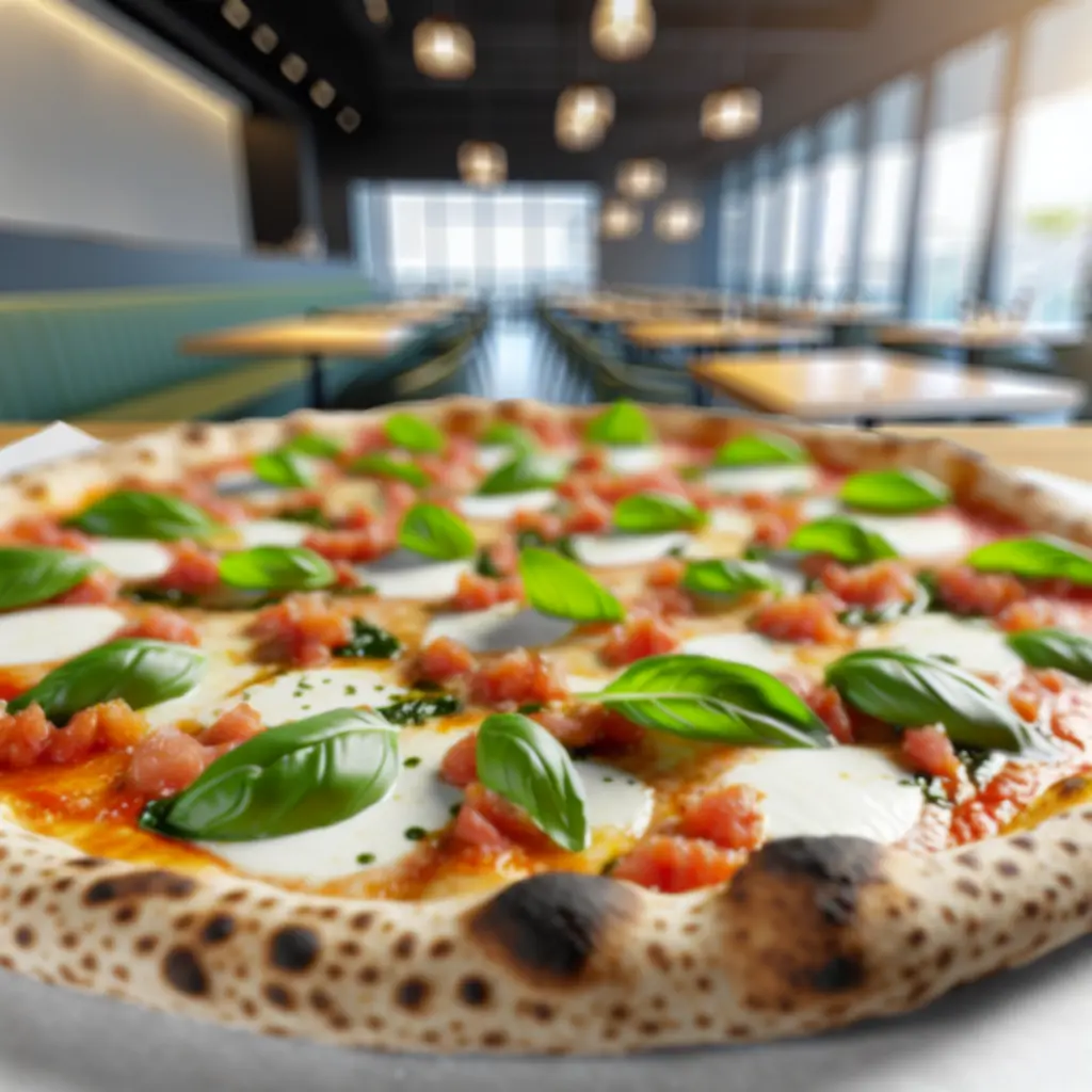 Friss bazsalikomos, mozzarellás signature pizza fából készült tálon tálalva.