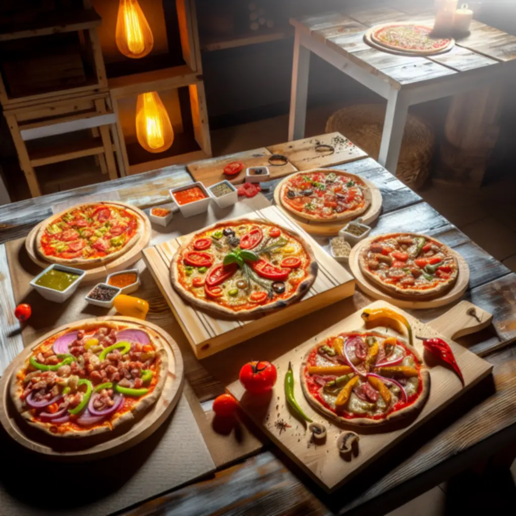 Frissen sütött pizzakülönlegességek egy megterített asztalon